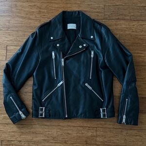 Sandro Paris Men’s Black Calfskin Leather Biker Jacket, Slim Fit, Large